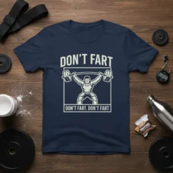 Funny "Don't Fart Don't Fart Don't Fart" gym t-shirt design featuring a weightlifter lifting a barbell