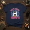 Don't Freak Meowt! Halloween cat ghost t-shirt design with pink text and a cute black cat in a ghost costume