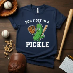 Don't Get In A Pickle funny baseball pun graphic tee with a cartoon pickle wearing a mitt and holding a