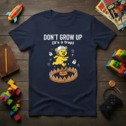Don't Grow Up (It's A Trap) quote with a running bear graphic on a navy t-shirt