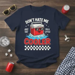 Don't Hate Me Just Cuz I'm A Little Cooler funny quote t-shirt design with a cartoon cooler on ice