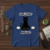 Black cat meditating with lotus flowers, text "Don't Hate Meditate" on a blue t-shirt