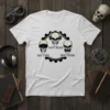 Don't Hear Don't See Don't Speak skull graphic t-shirt with three skulls arranged around a gear