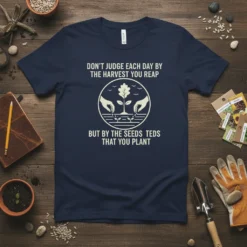 Navy t-shirt with "Don't Judge Each Day By The Harvest You Reap But By The Seeds Teds That You Plant"