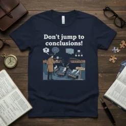 Navy t-shirt with "Don't jump to conclusions!" text and a detective examining a broken bridge graphic