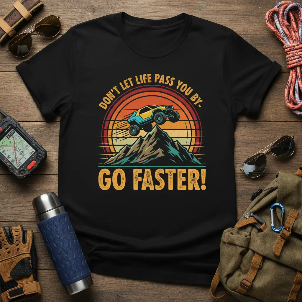Don't Let Life Pass You By Go Faster! quote and off-road vehicle jumping over mountain design