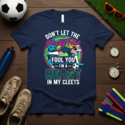 Soccer player t-shirt with the quote "DON'T LET THE Pretty Face FOOL YOU — I'M A— BEAST IN MY CLEETS"