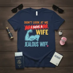 Navy blue t-shirt with the text "Don't Look At Me I Have A Wife Jealous Wife" and a graphic of