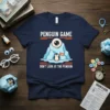 Penguin Game T-Shirt with "Don't Look At The Penguin" text and a cute penguin graphic holding a "Game Over" flag