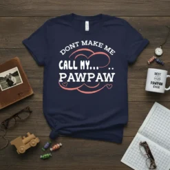 Navy t-shirt with white and pink text reading "Don't Make Me Call My Pawpaw" in a playful font, featuring heart