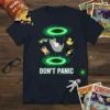 Don't Panic text on a navy t-shirt with a cartoon cat falling through green wormholes, sunglasses, burrito, and rubber ducky