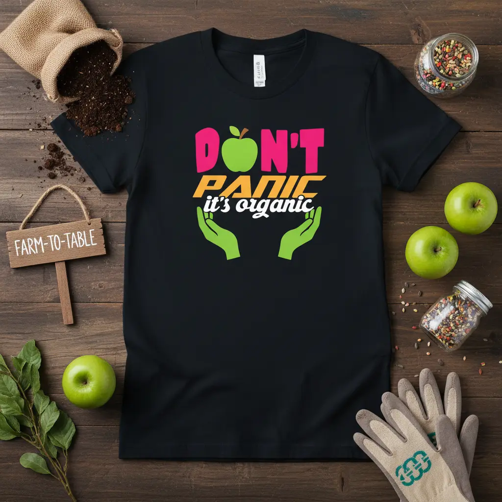 Don't Panic It's Organic quote with apple graphic and green hands on a black t-shirt, promoting healthy food choices