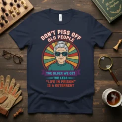 Don't Piss Off Old People quote t-shirt with a retro graphic of an older woman wearing sunglasses