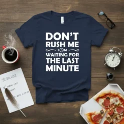 Don't Rush Me I Am Waiting For The Last Minute quote on a navy blue t-shirt, featuring bold white typography