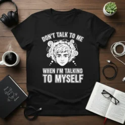 T-shirt with white text "DON'T TALK TO ME WHEN I'M TALKING TO MYSELF" and a graphic of a person's head