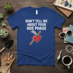 Don't Tell Me About Your Hoe Phase text with a broken heart pierced by a scythe graphic on a blue