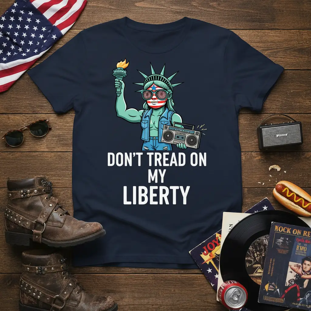 Don't Tread On My Liberty quote on a t-shirt with Statue of Liberty holding boombox graphic