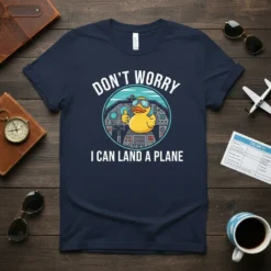 Funny "Don't Worry I Can Land A Plane" quote with a cartoon duck piloting an airplane, on a navy blue