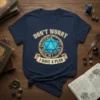 Navy t-shirt with "Don't Worry I Have A Plan" text and a large blue D20 die graphic, designed for tabletop