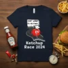 Navy t-shirt with "Don't Worry I'll Ketchup! Ketchup Race 2024" text and a cartoon tomato character racing