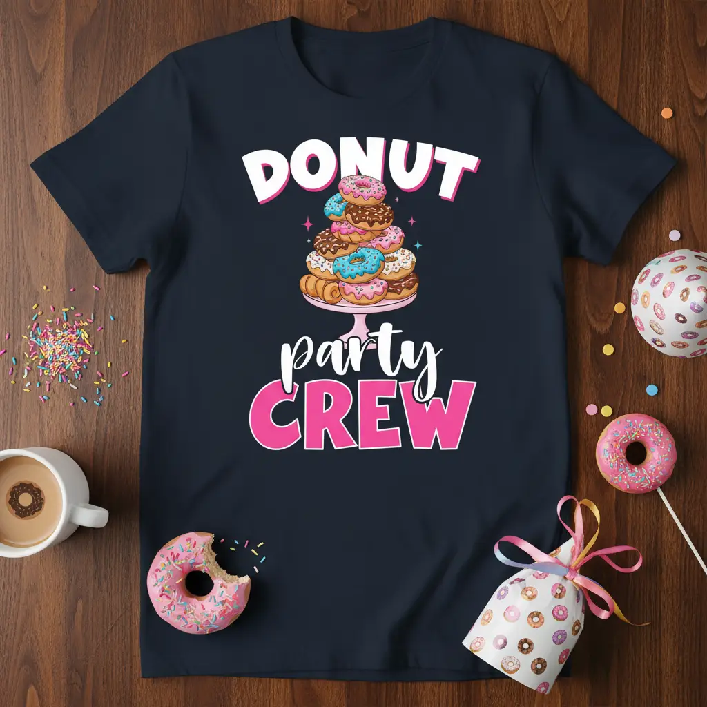 DONUT party CREW text with stacked donuts illustration on a navy tee, perfect for party enthusiasts