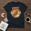 Donut Squad text with cartoon muscular donuts flexing arms graphic on a dark navy t-shirt