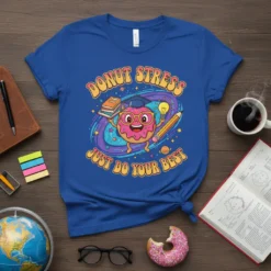 Donut Stress Just Do Your Best quote with a cute donut character, books, pencil, and lightbulb graphic on a royal