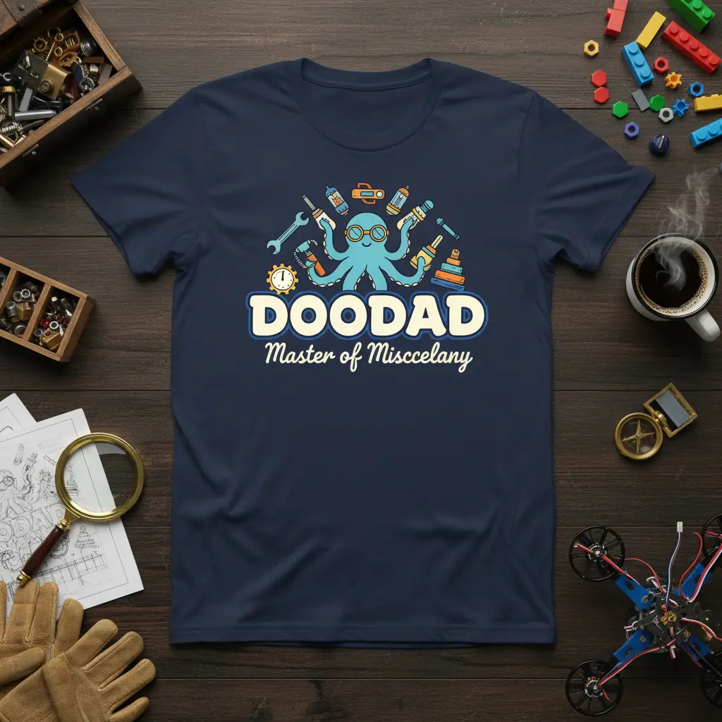Doodad Master of Miscelany quote with octopus graphic on a navy blue t-shirt