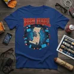 Doom Scroll PH XAN t-shirt design featuring a skeleton hand holding a scroll surrounded by digital icons and screens