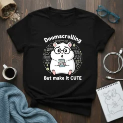 Black t-shirt featuring a cute hamster wearing glasses, holding a phone, with "Doomscrolling But Make it CUTE" text