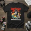 Dope Monkey graphic tee with a cool monkey skateboarding in an urban city setting, red distressed background