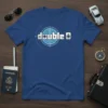 Blue t-shirt with the text "double 0" inside a target graphic, representing spy and agent themes