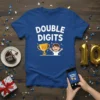 Blue t-shirt with "Double Digits" text, a trophy, and a happy boy graphic for a 10th birthday celebration