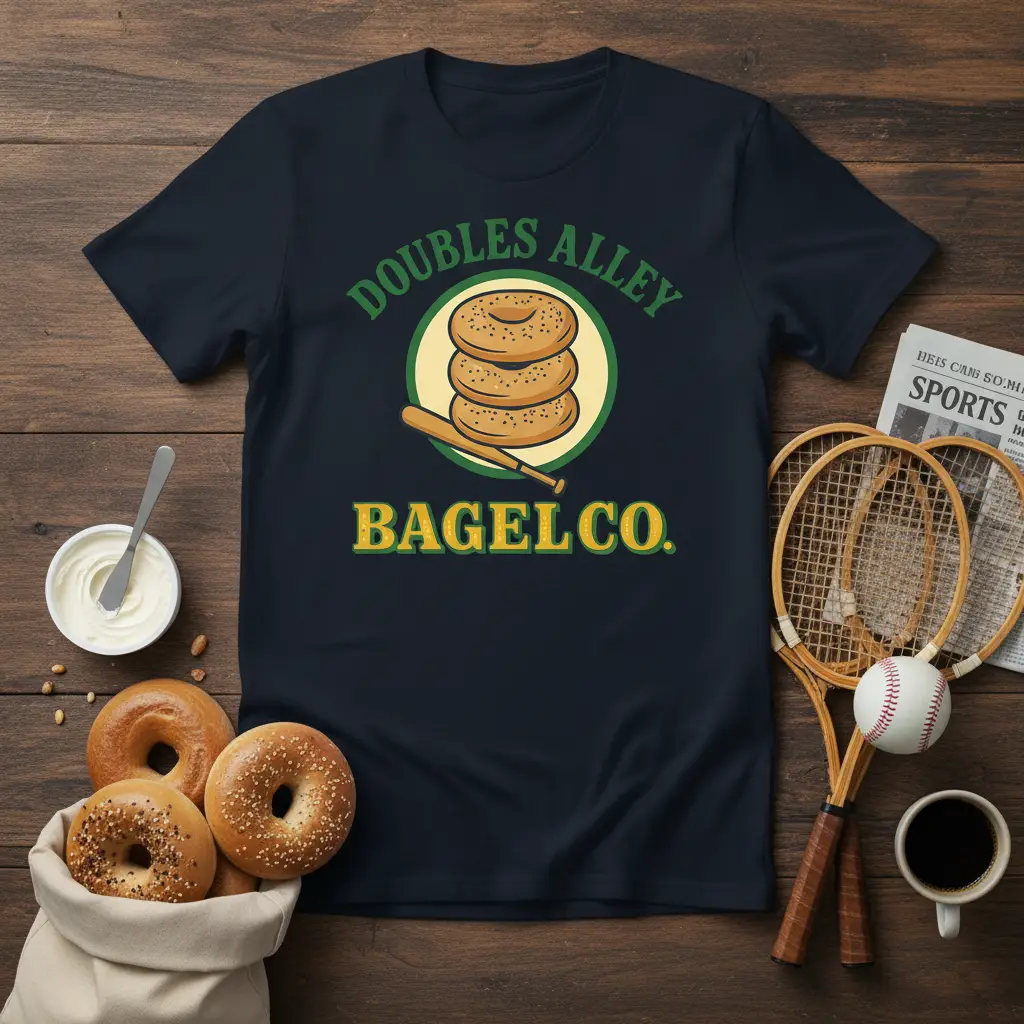 Doubles Alley Bagel Co. vintage graphic tee with stacked bagels and baseball bat emblem