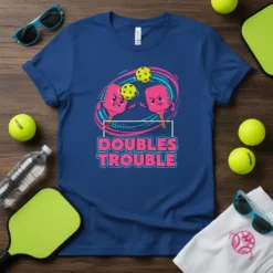 DOUBLES TROUBLE pickleball t-shirt featuring two cartoon pickleball paddles playing at a net