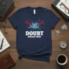 DOUBT BREAK FREE motivational t-shirt with red broken chain graphic and blue starburst on navy blue tee
