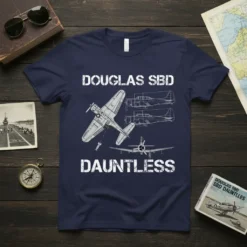 Douglas SBD Dauntless T-Shirt design featuring vintage WWII dive bomber schematics and text