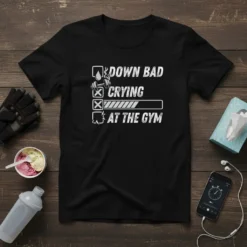 Down Bad Crying At The Gym checklist design with dumbbell and progress bar graphics, white text on black t-shirt