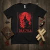 Dracula t-shirt design featuring a profile portrait of Count Dracula with bats and a castle silhouette against a red moon