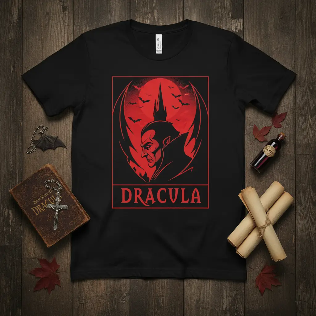 Dracula t-shirt graphic with vampire portrait, bats, and castle against a red moon background
