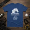 Draft Horse Strength & Conditioning t-shirt featuring a white horse head graphic, kettlebell, and rope design