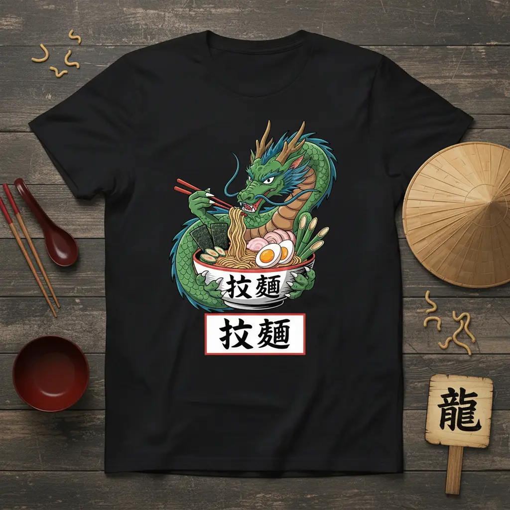 Dragon Eating Ramen stylish graphic printed on quality cotton blend creating a standout t-shirt