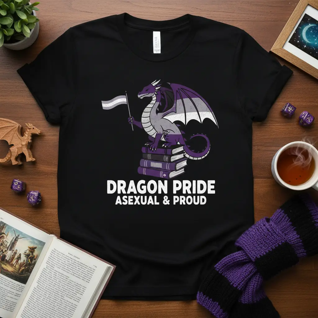 Dragon Pride Asexual & Proud design featuring a dragon with the asexual flag on books