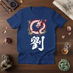 White dragon coiled around a red circle with Japanese Kanji text 龍 劍 below, on a blue t-shirt