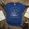 Dragonflies make me happy PEOPLE, NOT SE MUCH quote on a navy blue t-shirt with colorful dragonflies and floral design