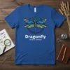 Dragonfly Insect Wings T-Shirt featuring a colorful dragonfly graphic and white text on a blue shirt