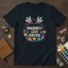 Dragonfly Love Forever text design with colorful dragonflies and floral wreath, on a black t-shirt