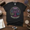Black t-shirt with a central circular Dragonfly Mandala design featuring a purple Tree of Life and colorful dragonflies