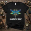 Black t-shirt with white text "DRAGONFLY SPIRIT" below a colorful stained-glass style dragonfly graphic