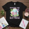 Dragons Are A Girl's Best Friend quote with cartoon girls and dragons design on a black t-shirt